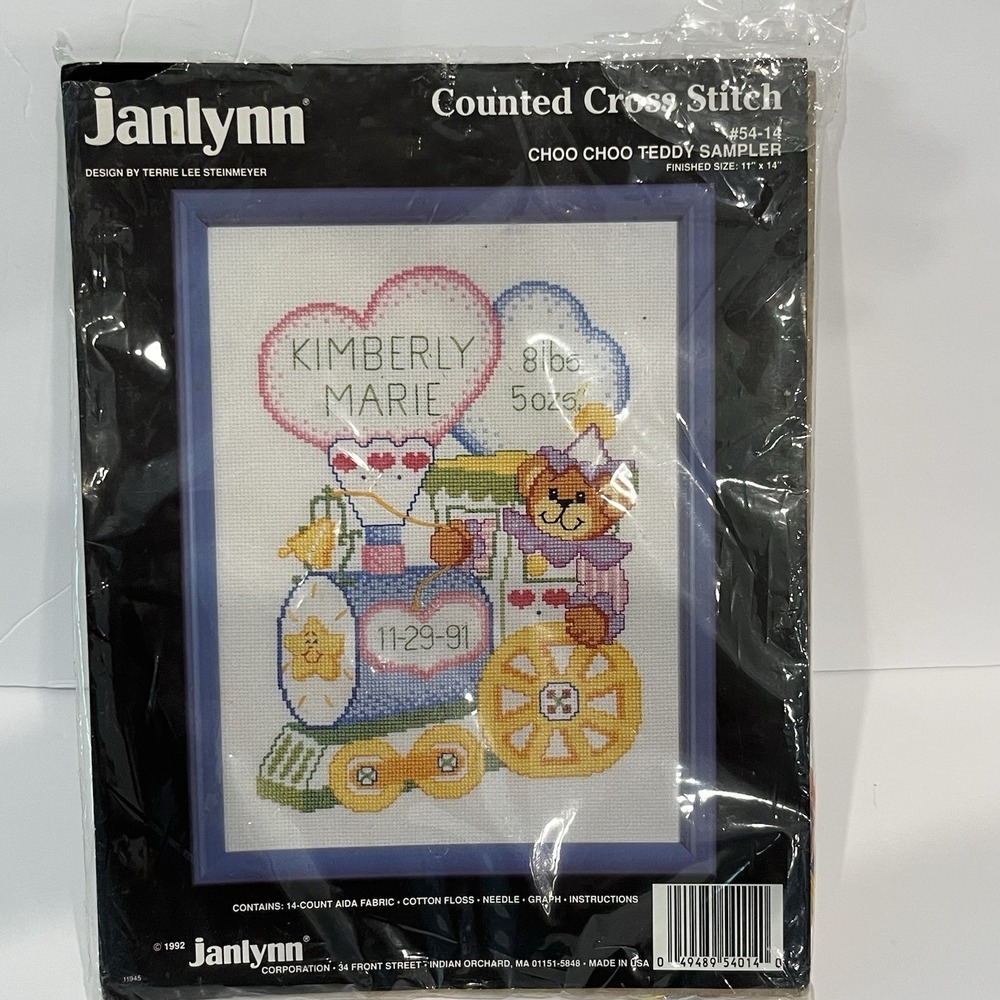 VTG Janlynn‎ Choo Choo Teddy Birth Record Counted Cross Stitch Kit 1985 NEW